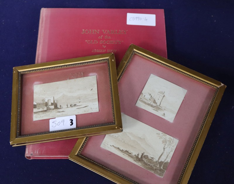 John Varley, three sepia sketches and a book